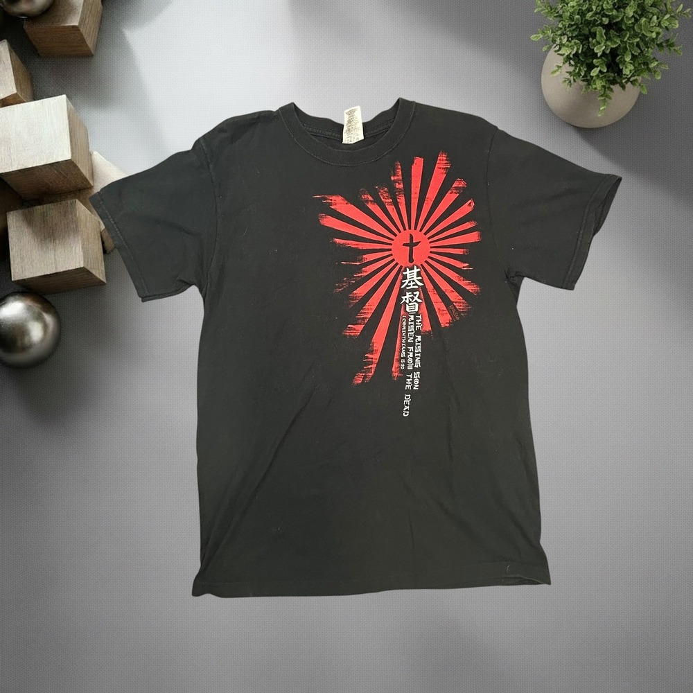 Vintage Jerzees The Rising Son Graphic T Shirt Black Red Y2K Streetwear Mens M
